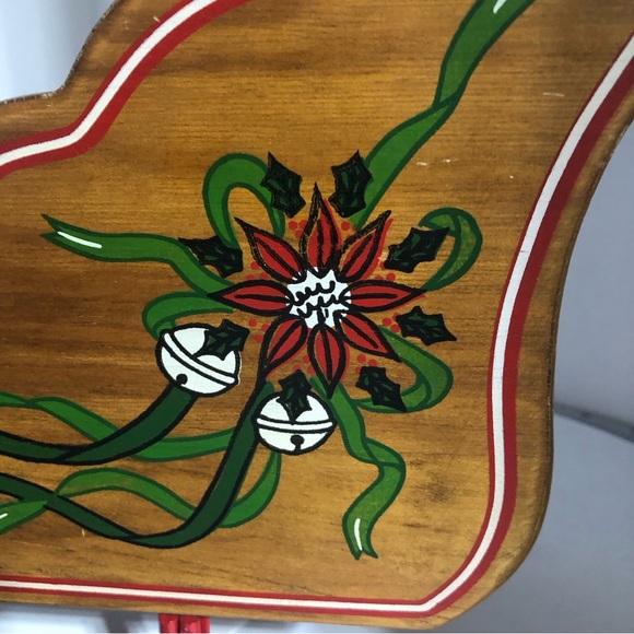 Vintage Decorative Wooden Christmas Sleigh With Poinsettia & Sleigh Bell Design - Picture 2 of 7